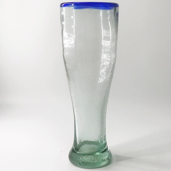 Hand Blown Pilsner Glass with Blue Rim Tall Artisan Beer Glass - Picture 1 of 2